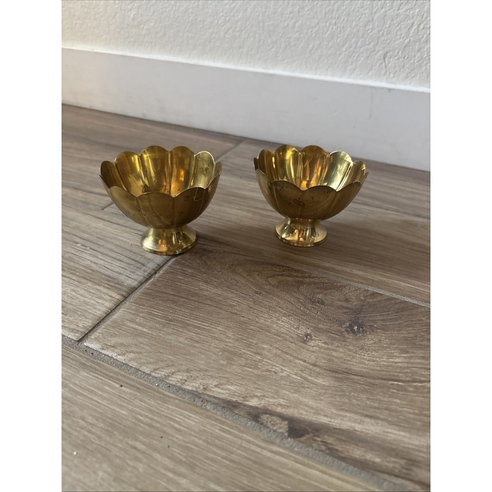 Lot Of 2 Vintage India Solid Brass Lotus Bowl Scalloped Pedestal Hollywood